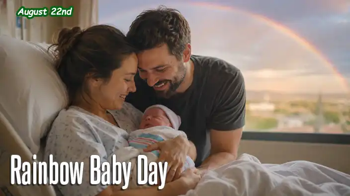 A joyful mother and father admire their newborn rainbow baby in a hospital room as a soft rainbow arches across the sky outside, symbolizing hope after loss.