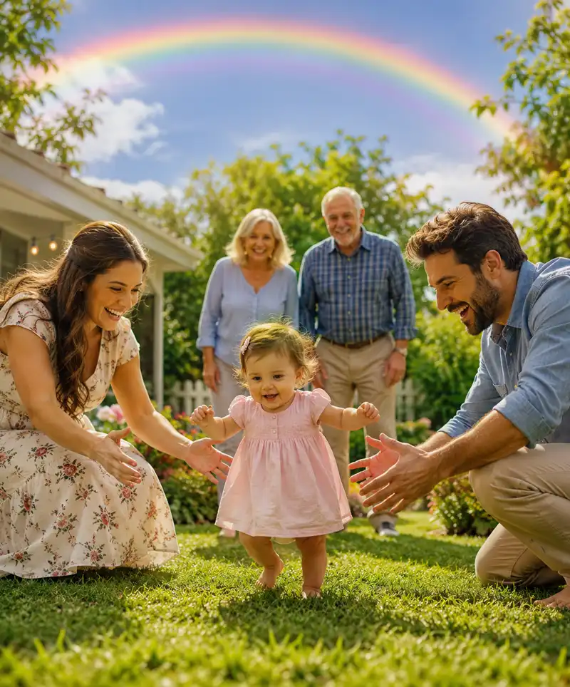 Parents encourage their rainbow baby to take its first steps in a sunny backyard while proud grandparents watch with smiles beneath a beautiful rainbow stretching across the sky.