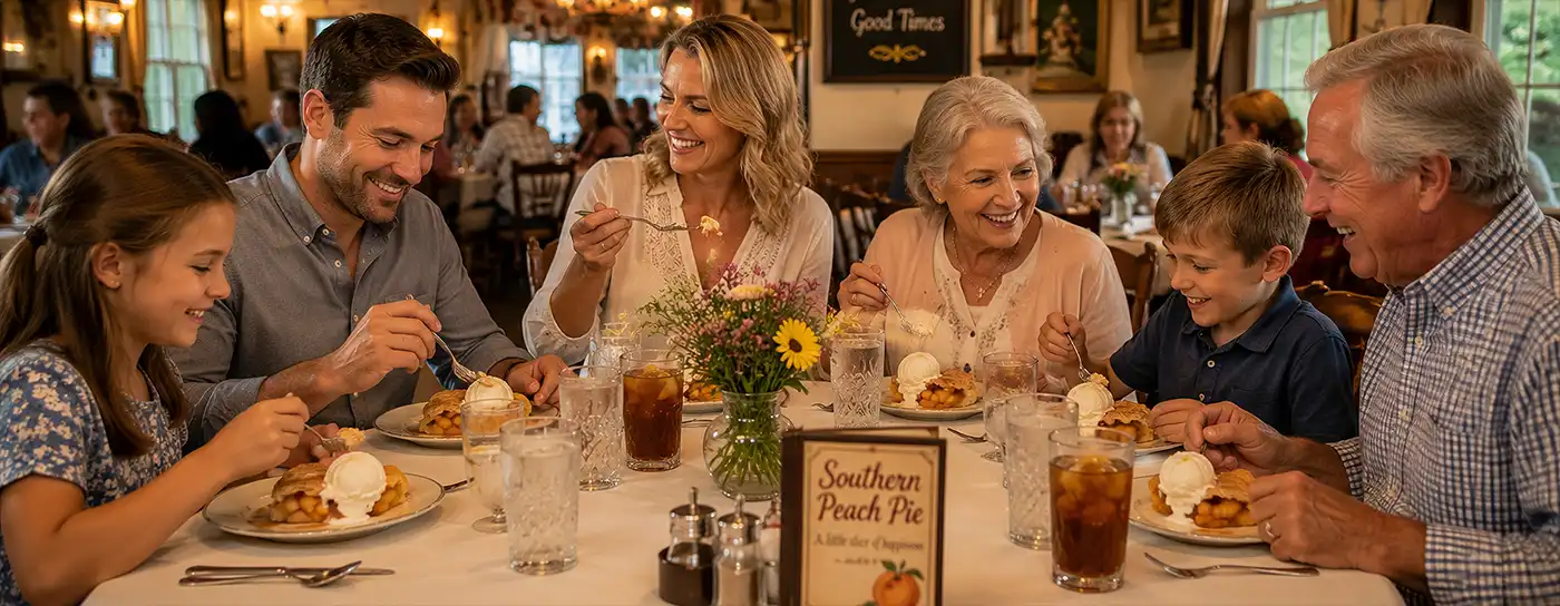 A happy family enjoys slices of Southern peach pie topped with vanilla ice cream at a cozy restaurant after finishing their meal. Smiles, conversation, and dessert take center stage in the warm and welcoming dining room as everyone savors the sweet treat together.