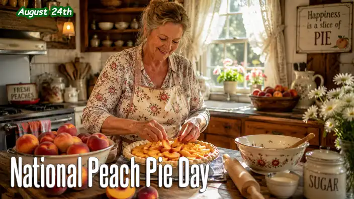A mother prepares a homemade peach pie in a cozy Southern kitchen, arranging fresh peach slices in a pie crust while bowls of ripe peaches and baking ingredients surround her in warm afternoon sunlight.