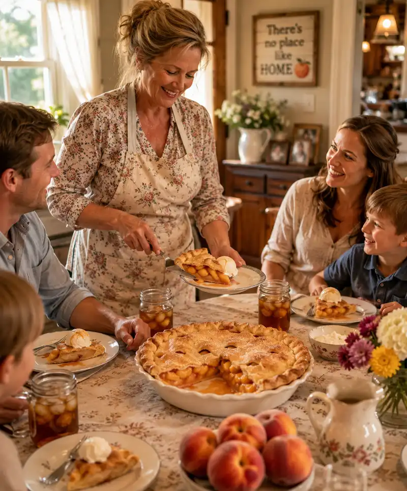 A happy family gathers around the dining table in a Southern home as fresh peach pie is served for dessert. A partially eaten pie filled with juicy peaches sits prominently in the foreground, surrounded by smiling faces, fresh peaches, and a warm atmosphere of family togetherness.