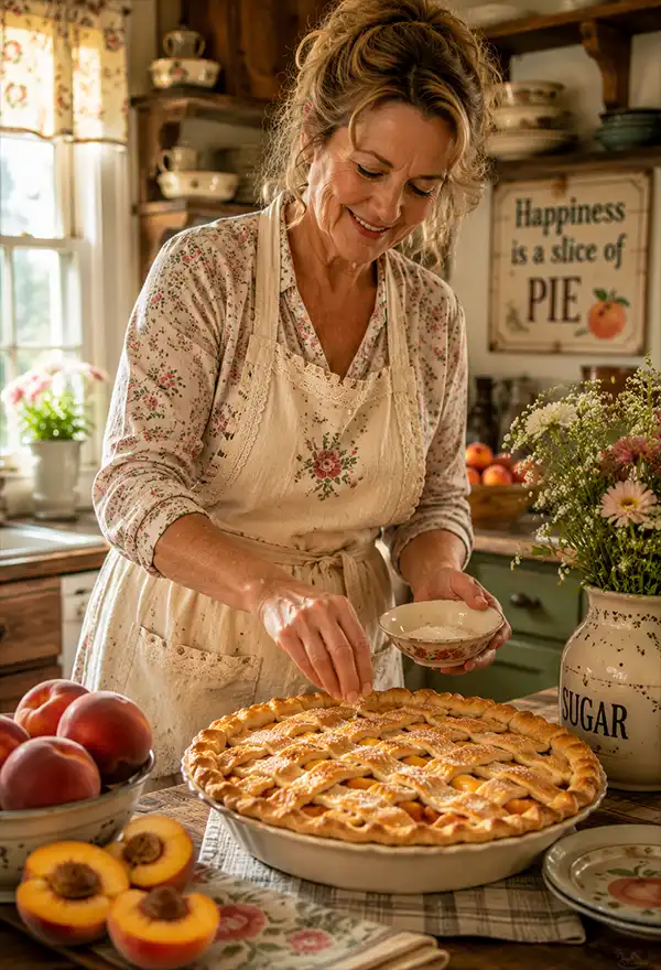 A Southern mother adds the finishing touches to a freshly baked peach pie in a warm country kitchen. Surrounded by ripe peaches and rustic décor, she sprinkles sugar over the golden lattice crust while sunlight streams through the window, creating a cozy homemade baking scene.