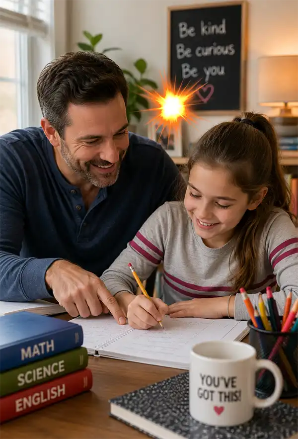 A Little Help, A Suggestion, A Spark! A father helps his daughter with her homework at the kitchen table, showing how patience, encouragement, and family support can inspire confidence and a love of learning.