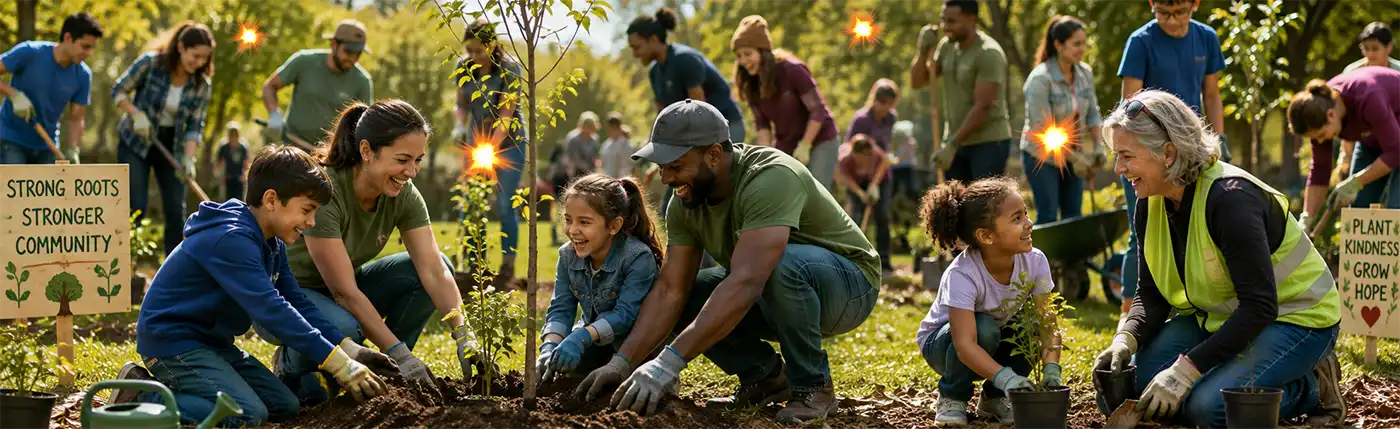 Sparking the World, One Flash At A Time Community volunteers of all ages laugh and work together while planting trees in a local park, celebrating teamwork, kindness, and the positive impact of inspiring others.
