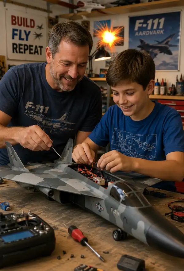 A Potential Airospace Engineer? Apply the Spark. A father helps his son install radio control electronics into a model F-111 jet, demonstrating how mentorship, patience, and shared hobbies can inspire confidence, learning, and lifelong memories.