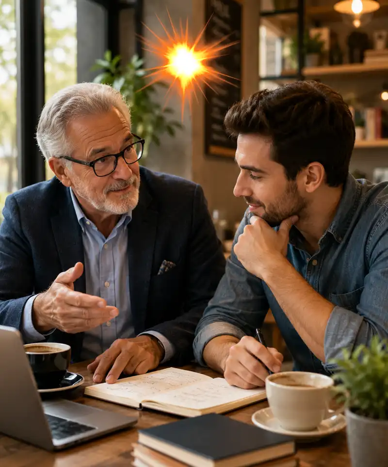 An experienced mentor shares advice with a young professional over coffee, illustrating the power of guidance, encouragement, and personal growth.