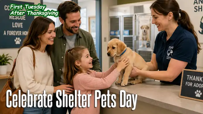 A smiling young girl reaches out to pet a puppy as a shelter worker hands the dog to her family inside a clean, welcoming animal shelter. Her parents watch proudly as the family begins their adoption journey.