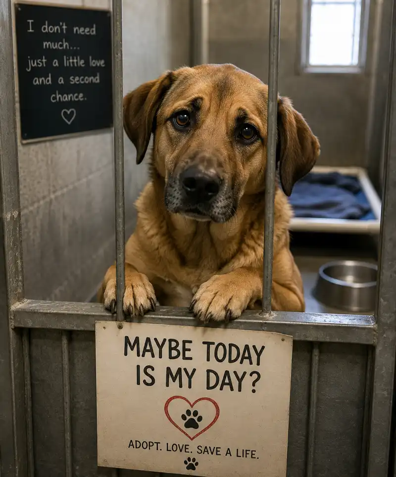 A sad-looking brown dog stands behind the bars of a clean animal shelter kennel, gazing hopefully toward visitors. A sign on the kennel asks, “Maybe Today Is My Day?” while the dog waits patiently for a family to give him a second chance and a forever home.