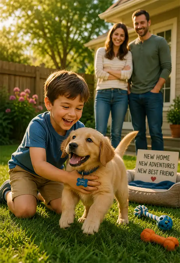 A happy young boy plays with his newly adopted puppy in a sunny backyard, both full of excitement and energy. In the background, his smiling parents watch proudly as the shelter dog begins its new life as a beloved family companion.