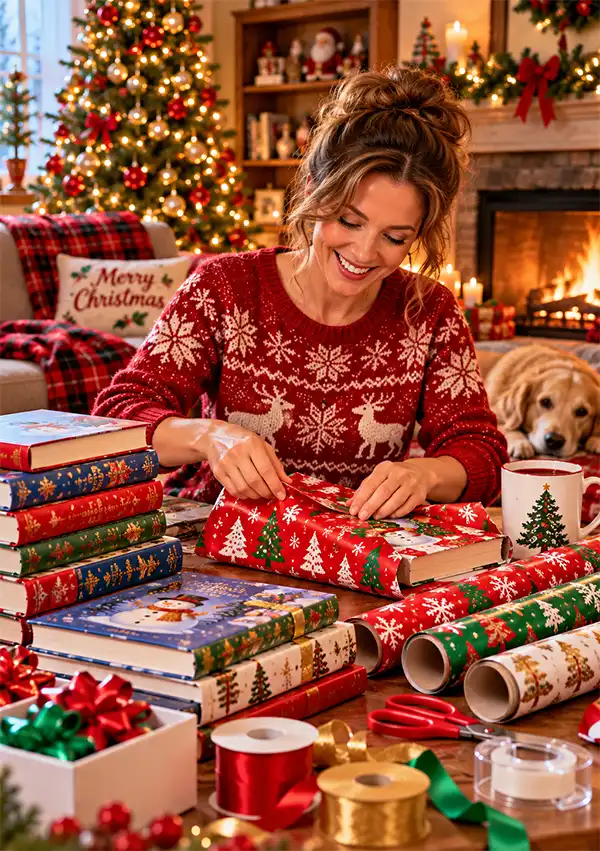 It's the season for giving. A smiling mother wrapping Christmas books in colorful festive paper, surrounded by stacks of books, ribbons, and gift-wrapping supplies in a cozy living room with a decorated Christmas tree, glowing fireplace, and resting golden retriever.