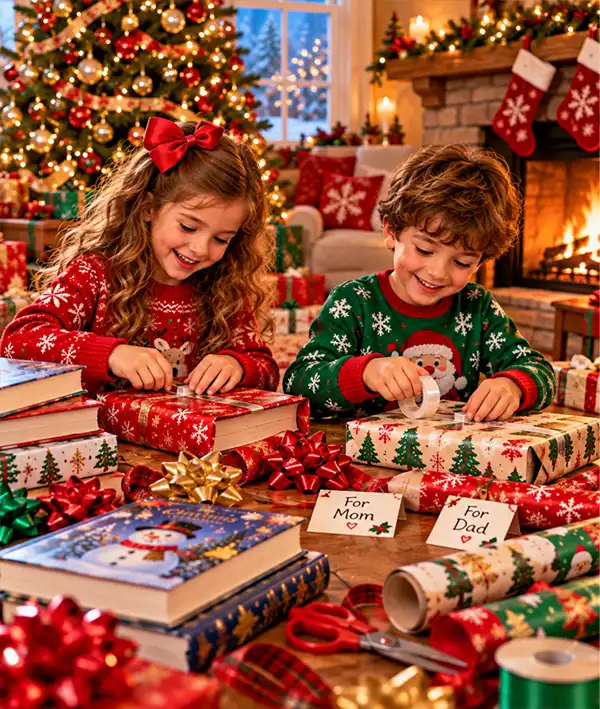 Kids get in on the wrapping action. Two happy children wrapping Christmas books for Mom and Dad in colorful festive paper, surrounded by ribbons, bows, and gift tags in a cozy living room with a sparkling Christmas tree and glowing fireplace, celebrating Christmas Book Day.