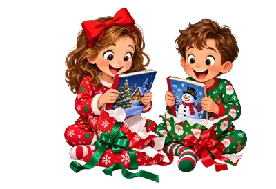 Christmas Book Day Joyful cartoon illustration of a young girl and boy in colorful Christmas pajamas excitedly unwrapping festive books, surrounded by Christmas wrapping paper, ribbons, and bows on a transparent background, celebrating Christmas Book Day.