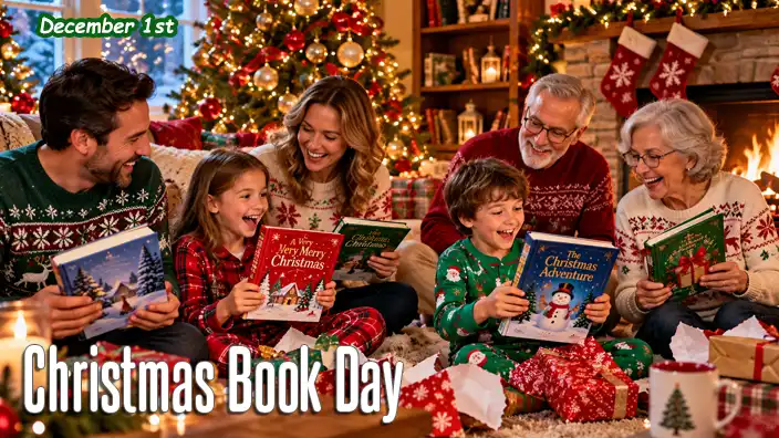 Three generations of a joyful family sharing Christmas books beside a sparkling Christmas tree and cozy fireplace, surrounded by colorful presents, festive decorations, and the magic of holiday storytelling.