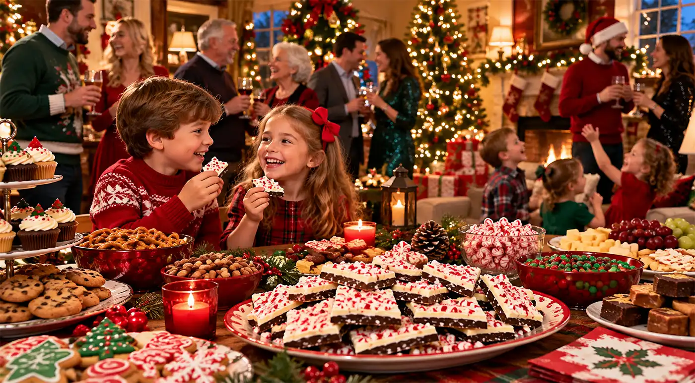 A joyful Christmas party brings adults and children together in a beautifully decorated living room, while two happy children enjoy chocolate peppermint bark beside a festive buffet overflowing with freshly made peppermint bark, Christmas cookies, cupcakes, candies, and holiday treats. A sparkling Christmas tree, glowing fireplace, and twinkling lights complete the cheerful holiday scene.