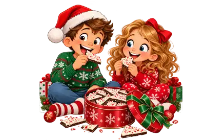 A cheerful Christmas cartoon illustration of a young boy and girl sitting together, happily enjoying chocolate peppermint bark beside a festive red tin overflowing with treats, surrounded by Christmas presents, ornaments, and candy, on a transparent background.