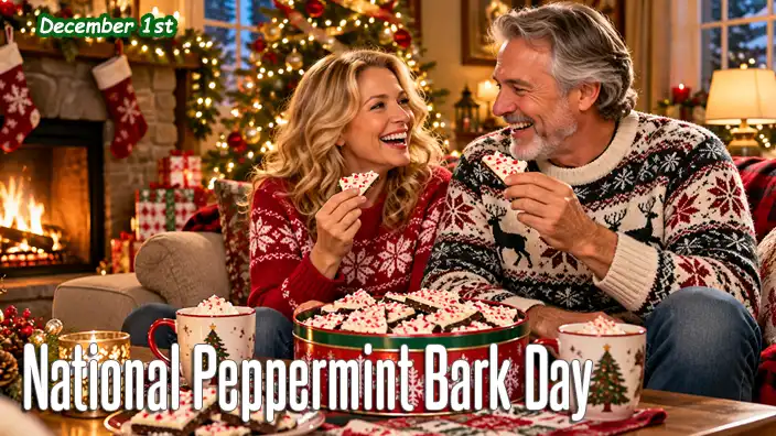 A happy couple enjoys delicious chocolate peppermint bark in their cozy living room, surrounded by a beautifully decorated Christmas tree, glowing fireplace, festive stockings, and twinkling holiday lights.