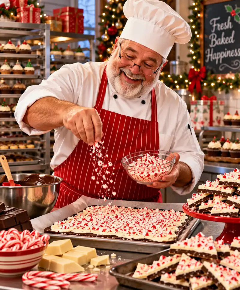 A cheerful professional baker wearing a white chef's hat and red striped apron sprinkles crushed peppermint candy over freshly prepared chocolate peppermint bark in his festive Christmas bakery, surrounded by candy canes, chocolate, baking equipment, and trays of delicious holiday treats.