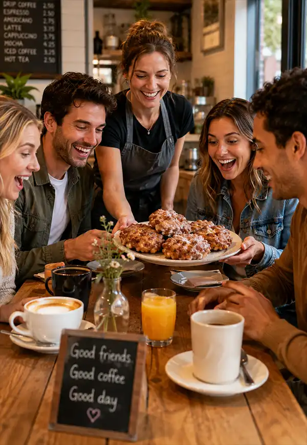 Friends and Fritters A group of cheerful friends gathers around a table at a local café as a server delivers a plate of freshly made fritters, with coffee, juice, and excited smiles creating a warm breakfast atmosphere.