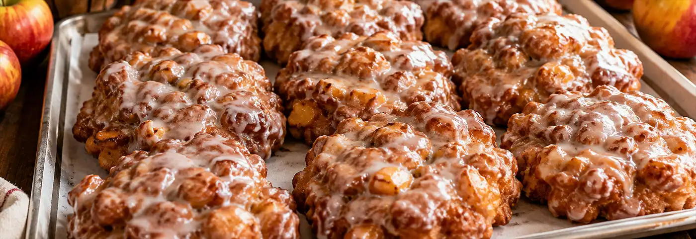 Apple Fritters, Ready to Serve A tray of freshly glazed apple fritters sits ready to serve, featuring golden-brown pastry packed with apple pieces and topped with a sweet icing glaze on a rustic wooden table.