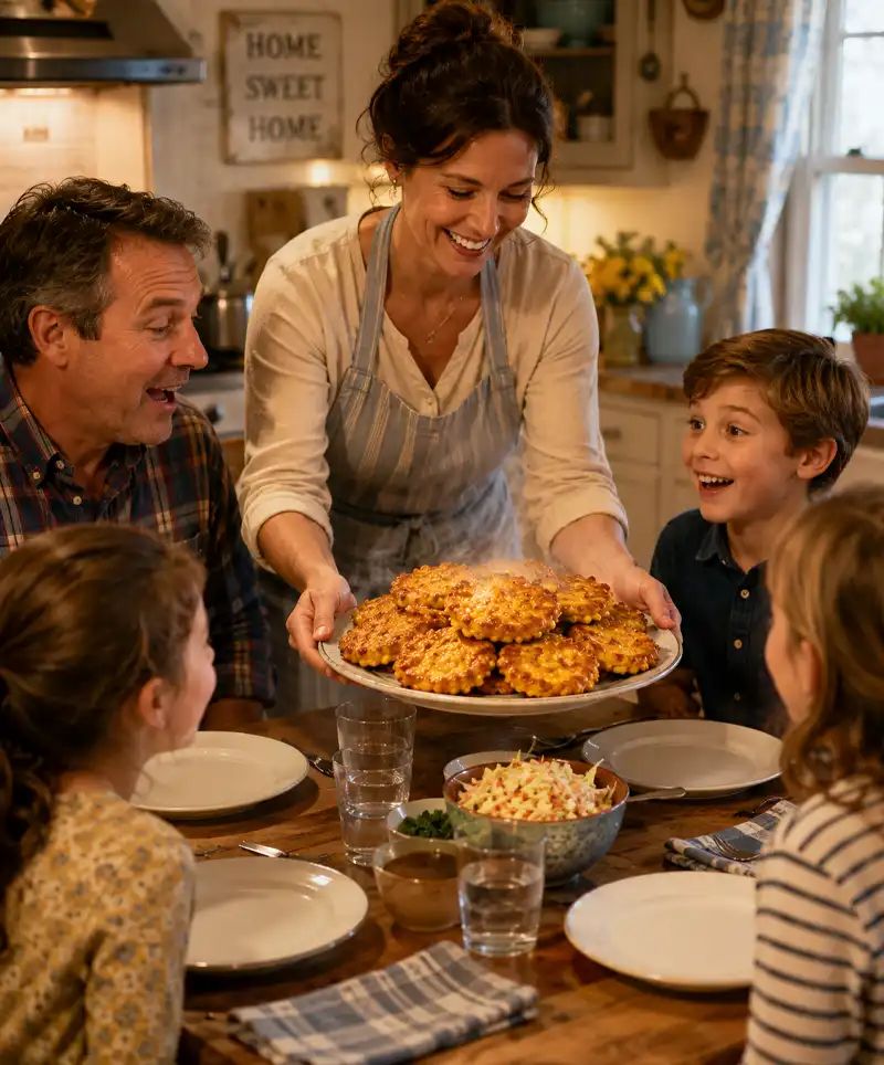 A smiling mother serves a platter of freshly cooked corn fritters to her family gathered around a kitchen table, while children and parents eagerly anticipate the warm, golden meal in a cozy home setting.