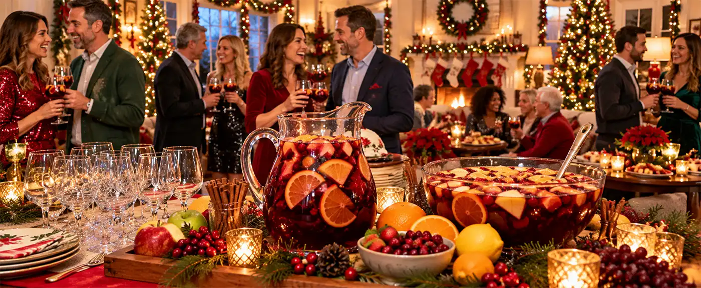 Guests enjoy a festive Christmas sangria party, chatting and raising glasses in a beautifully decorated living room, while a large pitcher and punch bowl of fruity red sangria, fresh fruit, and rows of glasses fill the foreground.
