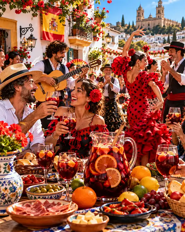 Happy Spanish revelers enjoy glasses of fruity red sangria and traditional tapas at a lively outdoor celebration in Spain, with flamenco dancers, guitar music, colorful flowers, and picturesque Spanish architecture.