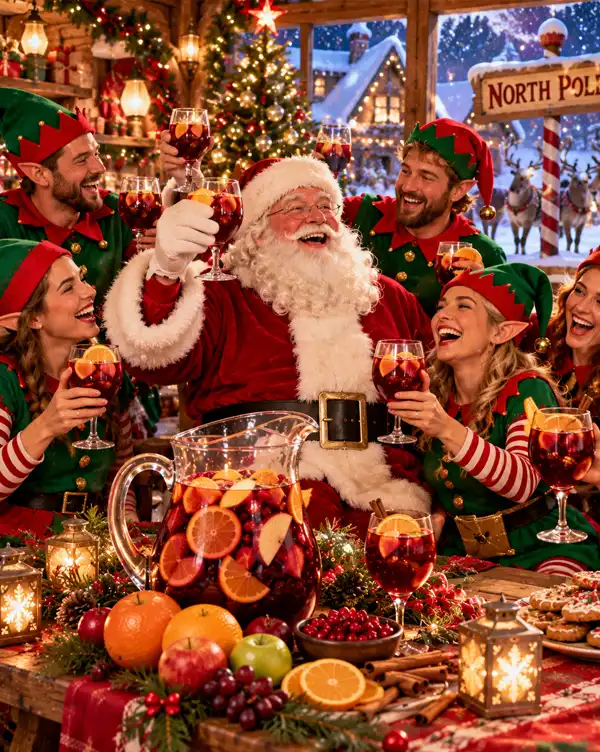 Santa Claus and his cheerful elves raise glasses of fruity red sangria at a festive Christmas party in the North Pole workshop, surrounded by holiday decorations, a pitcher of sangria, and snowy scenery outside.