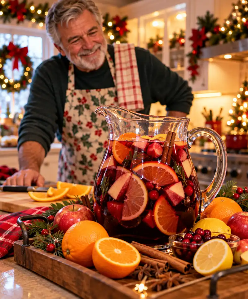 A smiling father admires his freshly prepared pitcher of Christmas sangria, filled with red wine, citrus slices, apples, and cinnamon, resting on a wooden tray surrounded by fresh fruit in a warmly decorated festive kitchen.