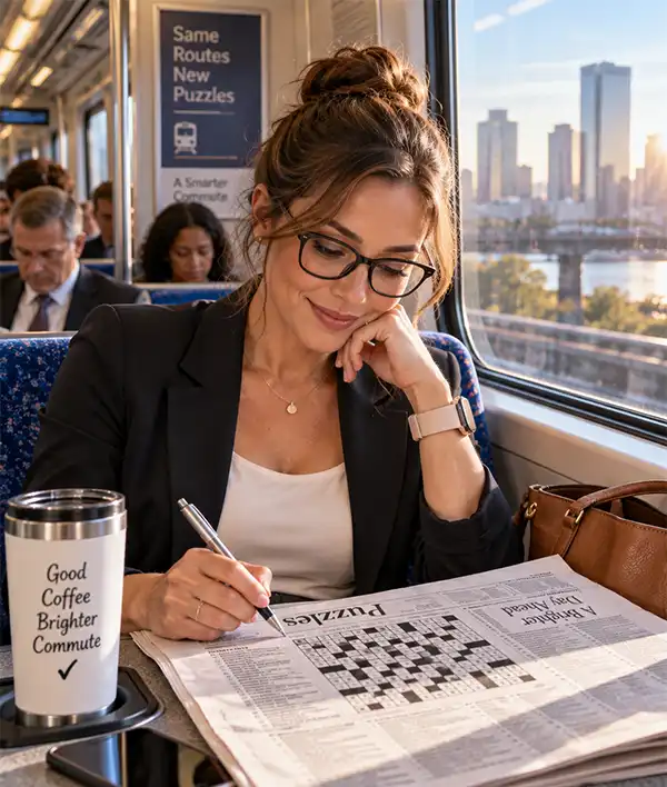 Woman commuting to work by train while enjoying the morning newspaper crossword puzzle during her journey.