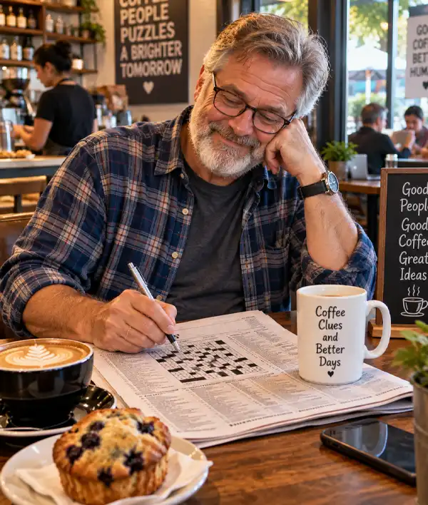 Coffee and a Crossword Man relaxing in a cozy coffee shop with a cup of coffee while completing a crossword puzzle in the newspaper.