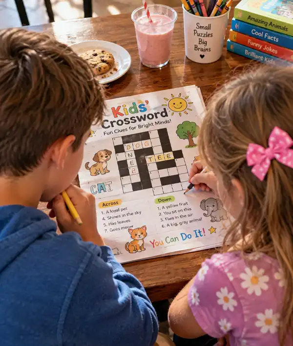 Crossword Puzzles for Kids Two children working together to solve a colorful, kid-friendly crossword puzzle at a table with pencils, books, and snacks.