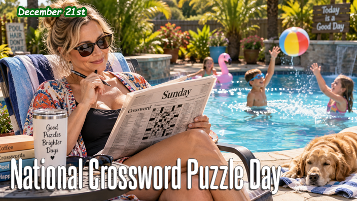 Contented woman enjoying her day off with a Sunday crossword puzzle beside the pool while children swim in the background.