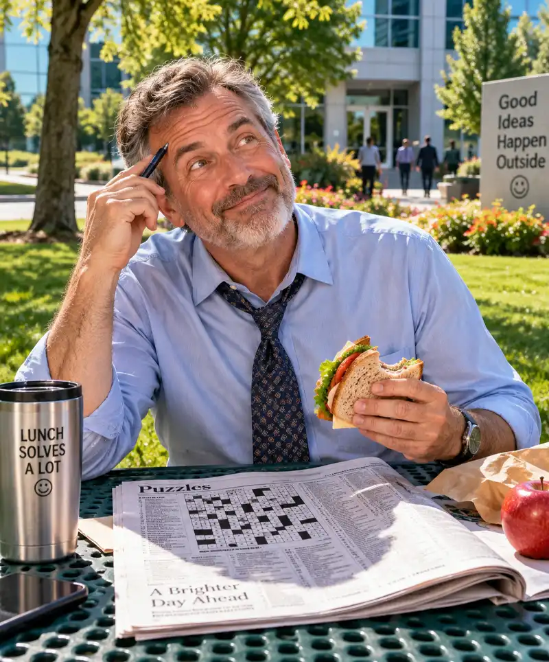 Man enjoying his lunch break outdoors with a sandwich while working on the daily newspaper crossword at a picnic table outside his office.