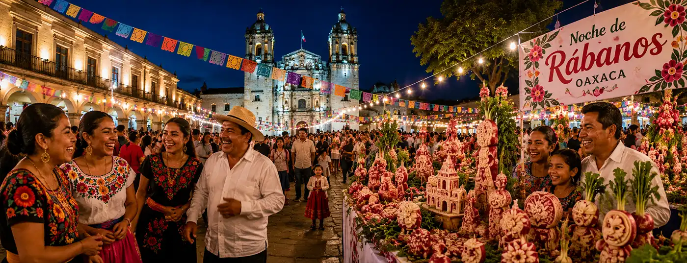Crowds gather in Oaxaca's historic city center for the Night of the Radishes festival, admiring intricate radish carvings while families and friends laugh, celebrate, and enjoy the colorful holiday atmosphere beneath festive lights and traditional decorations.