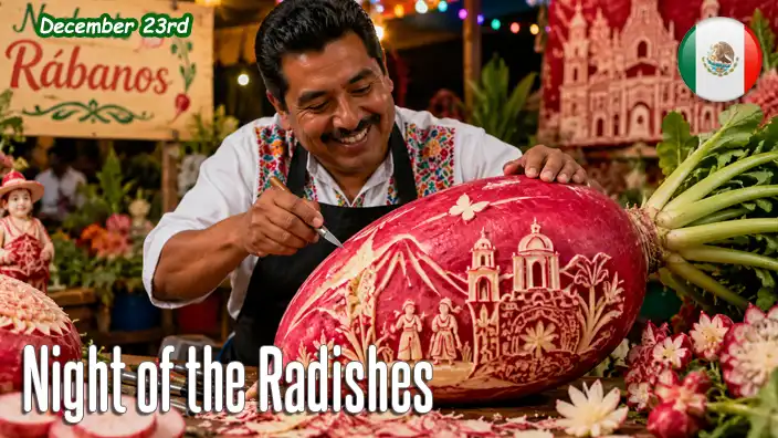 A smiling artist carefully carves intricate scenes into an oversized radish during a festive Night of the Radishes celebration in Oaxaca, Mexico. Surrounded by colorful decorations and traditional displays, he transforms the giant vegetable into an impressive work of temporary art.