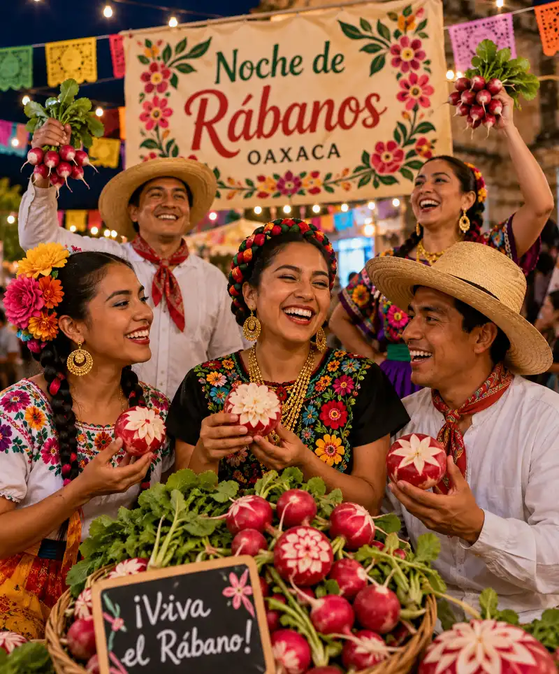 People dressed in traditional Mexican clothing celebrate Night of the Radishes in Oaxaca, smiling and holding beautifully carved radishes beneath colorful festival decorations and glowing lights. The festive gathering showcases Mexican culture, artistry, and holiday spirit in a joyful community celebration.