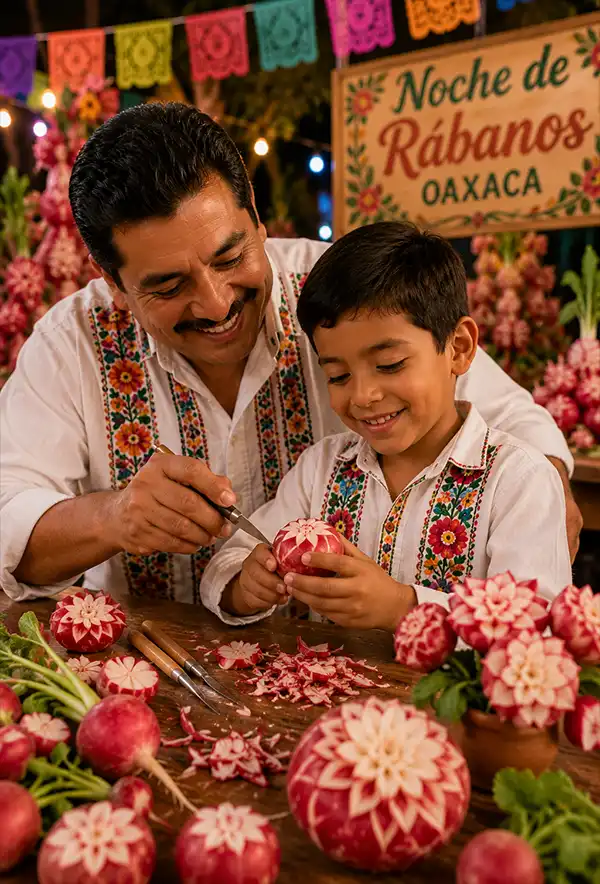 A father and son share a joyful moment at Oaxaca's Night of the Radishes festival, carefully carving decorative patterns into fresh radishes together. Surrounded by colorful handcrafted radish art and festive decorations, the pair enjoy a cherished family tradition while celebrating Mexican culture and creativity.