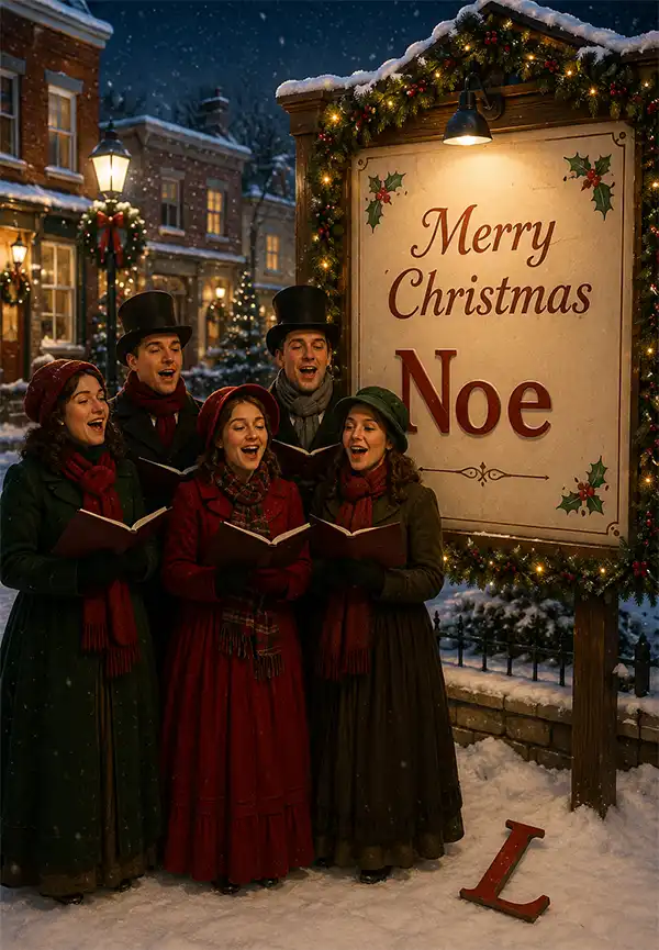 Christmas Carolers - Missing "L" Victorian-style Christmas carolers sing beside a festive Noel sign with the letter "L" missing and lying in the snow, celebrating the playful spirit of A'Phabet Day.