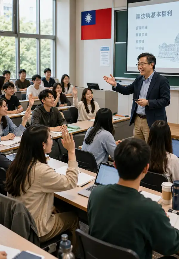 University students in Taiwan actively participate in a classroom discussion on constitutional rights and civic responsibility, illustrating the importance of education, free expression, and engaged citizenship.