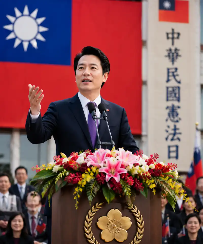 A speaker addresses a formal gathering in Taiwan from a flower-decorated podium, with the Taiwanese flag displayed prominently behind them during a Constitution Day-style civic ceremony.