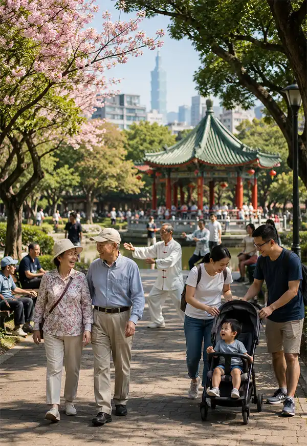 Families, couples, and seniors enjoy a relaxing day in a beautiful Taiwan park, strolling beneath flowering trees, practicing tai chi, and spending time together in a peaceful setting.