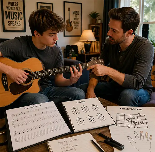 Guitar Lessons A young man receives a guitar lesson at home as an instructor demonstrates finger placement on the fretboard, with sheet music, chord charts, and finger position diagrams spread across a table in front of them.