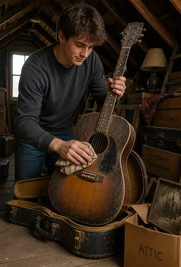 Digging out the old Guitar A young man stands in a dusty attic cleaning an old acoustic guitar he has just rediscovered, carefully wiping years of dust from the instrument as sunlight streams through a small attic window and storage boxes surround him.