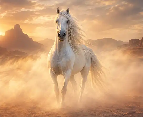 A beautiful white Arabian horse emerges like a mirage from glowing desert mist, surrounded by golden sunlight and distant rocky mountains.