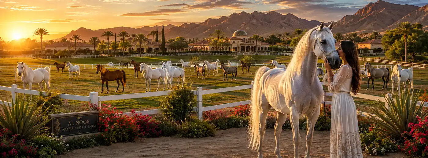 A woman gently interacts with a beautiful white Arabian horse at a sprawling Arabian horse farm, with numerous horses grazing in green paddocks beneath a golden desert sunset.