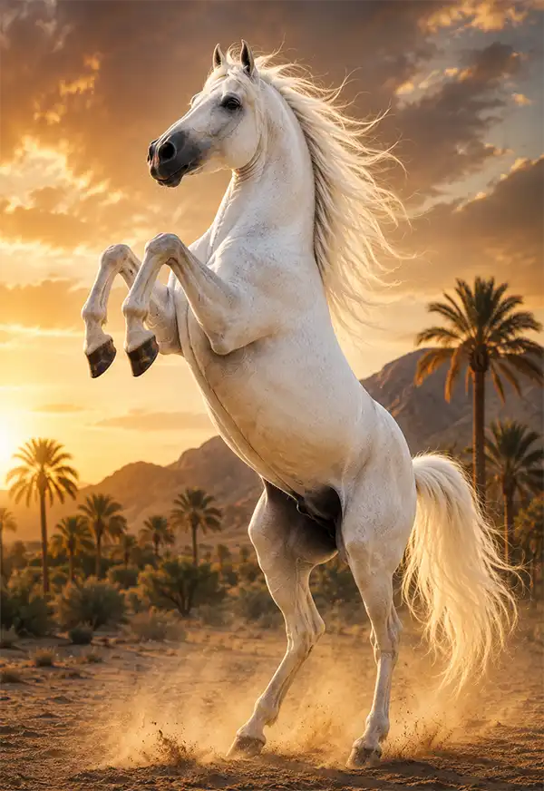 A magnificent white Arabian horse rears joyfully in the desert, its flowing mane and tail glowing against a dramatic golden sunset.