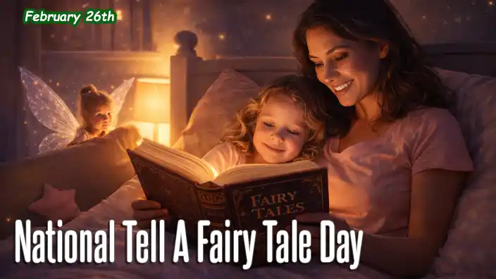 Mother reading a fairy tale to her daughter in a softly lit bedroom at bedtime while a small glowing fairy peeks from behind the bed listening to the story.