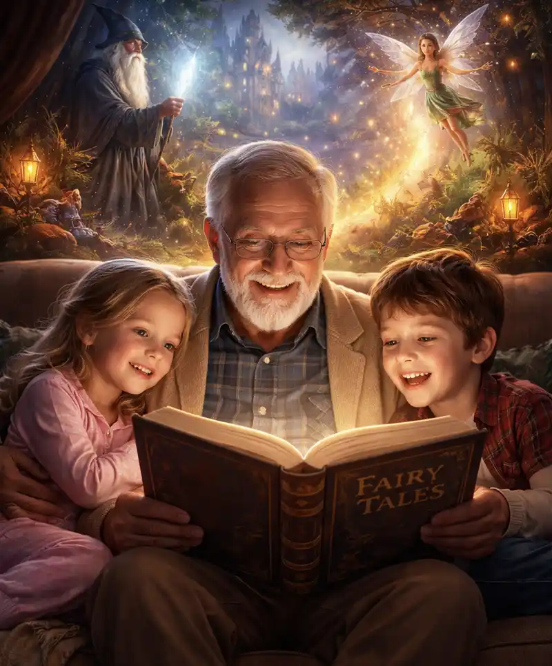 Grandfather sitting on a sofa reading a fairy tale book to his two grandchildren as magical wizards and fairies appear behind them like a theater of the mind.