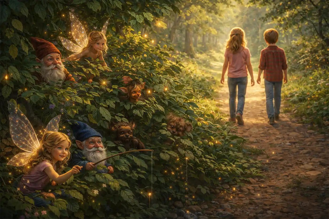 Wide forest scene with fairies, gnomes, and other fairy folk hiding in leafy bushes while two children walk past on a sunlit path, unaware of the magic nearby.
