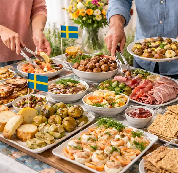 Swedish Smorgasbord A Swedish smorgasbord with guests serving themselves from a table filled with traditional dishes like smoked salmon, meatballs, cheeses, and breads.